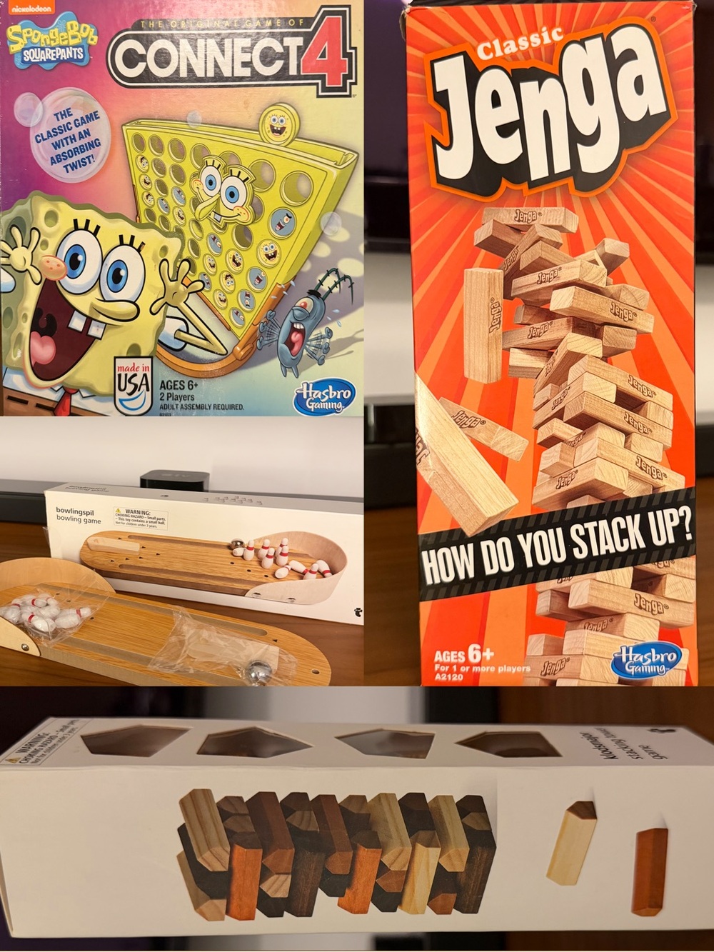 Game Night Bundle - SpongeBob Connect 4, Jenga, Bowling Game, Stacking Tower